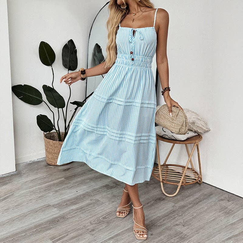 Striped Sleeveless A-Line Sundress with Button Front