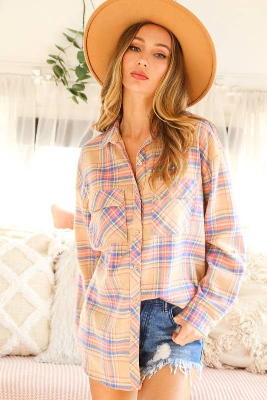 Collared Pocket Detail Roll-Up Sleeve Plaid Shirt VT70146E
