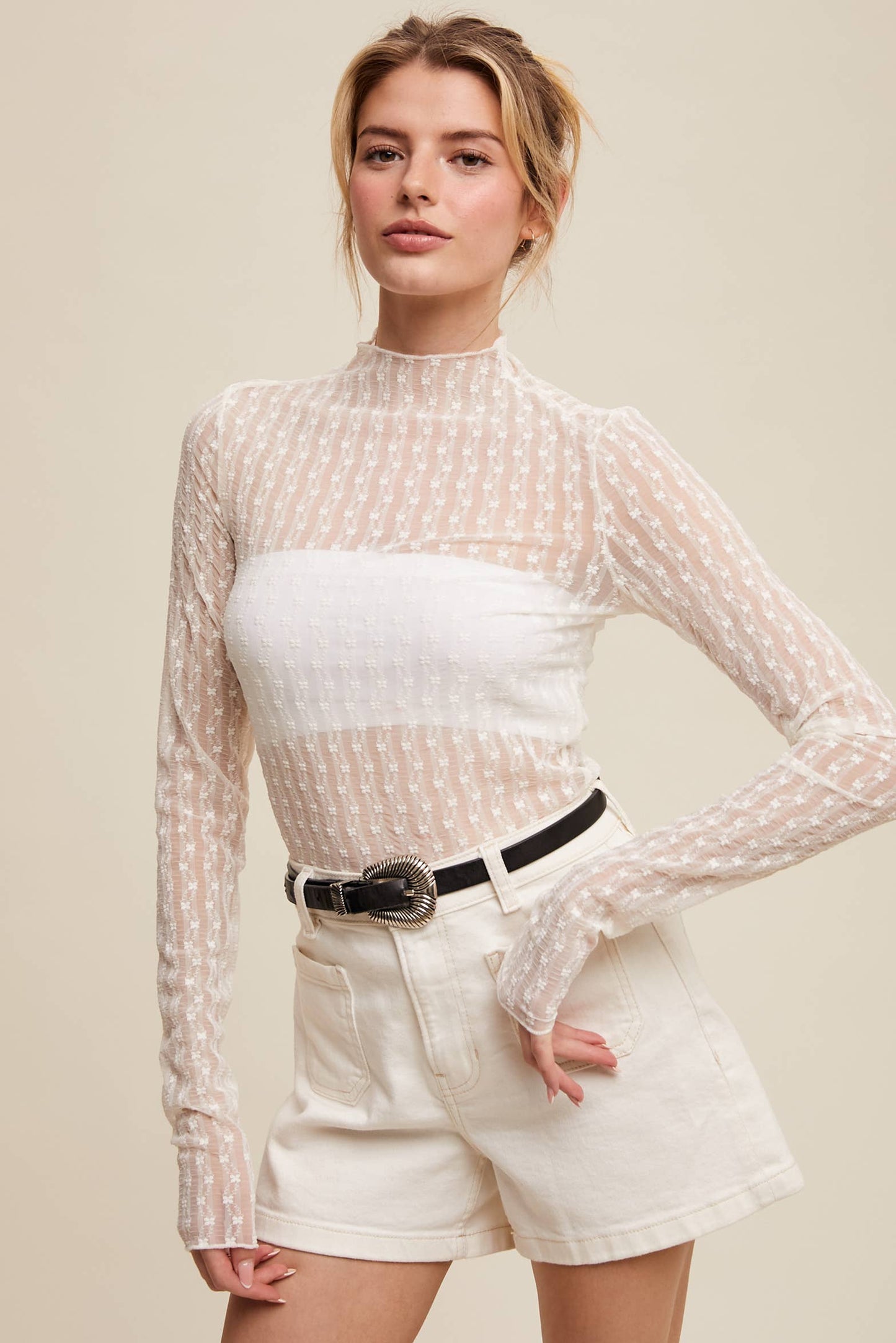 Semi Sheer Textured Lace Long-Sleeve Layering Top