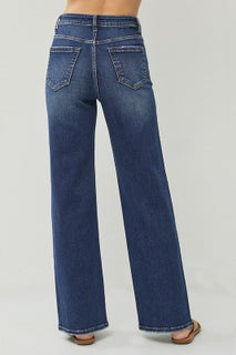 Risen High Rise Distressed Detail Wide Leg Jeans