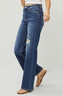 Risen High Rise Distressed Detail Wide Leg Jeans