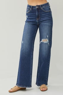 Risen High Rise Distressed Detail Wide Leg Jeans
