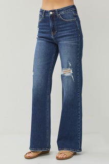 Risen High Rise Distressed Detail Wide Leg Jeans