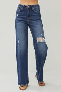Risen High Rise Distressed Detail Wide Leg Jeans