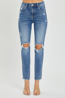 Risen High Rise Knee Distressed Skinny Jeans