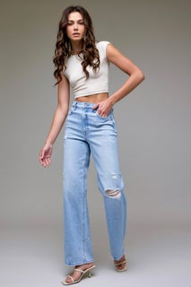 Logan Light Wash Distressed 33’ inseam Dad Jean