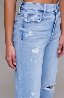 Logan Light Wash Distressed 33’ inseam Dad Jean