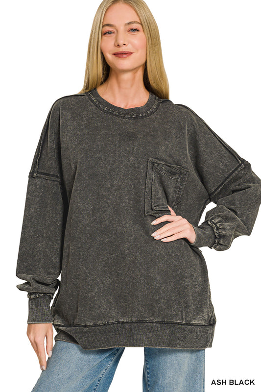 French terry acid wash raw edge front pocket pullover