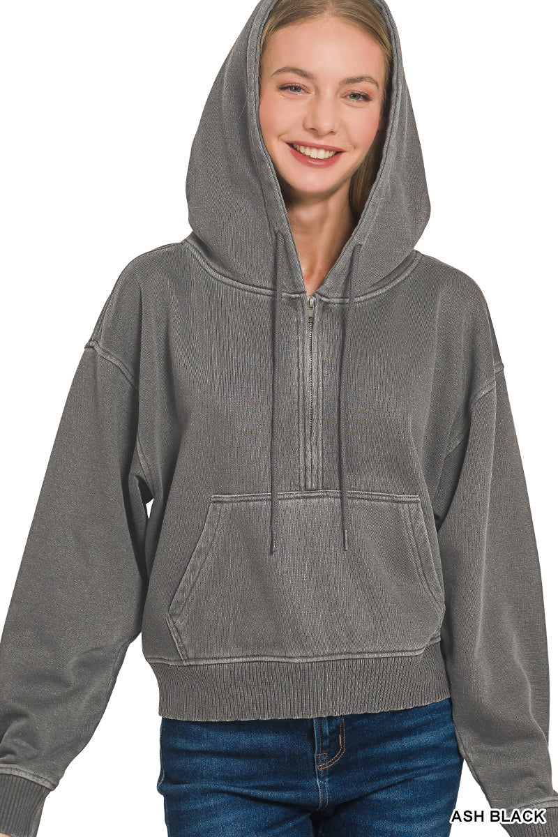 FLEECE PIGMENT DYE HALF ZIP KANGAROO POCKET HOODIE