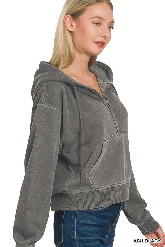 FLEECE PIGMENT DYE HALF ZIP KANGAROO POCKET HOODIE