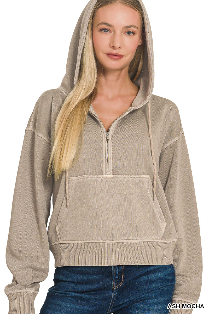 FLEECE PIGMENT DYE HALF ZIP KANGAROO POCKET HOODIE