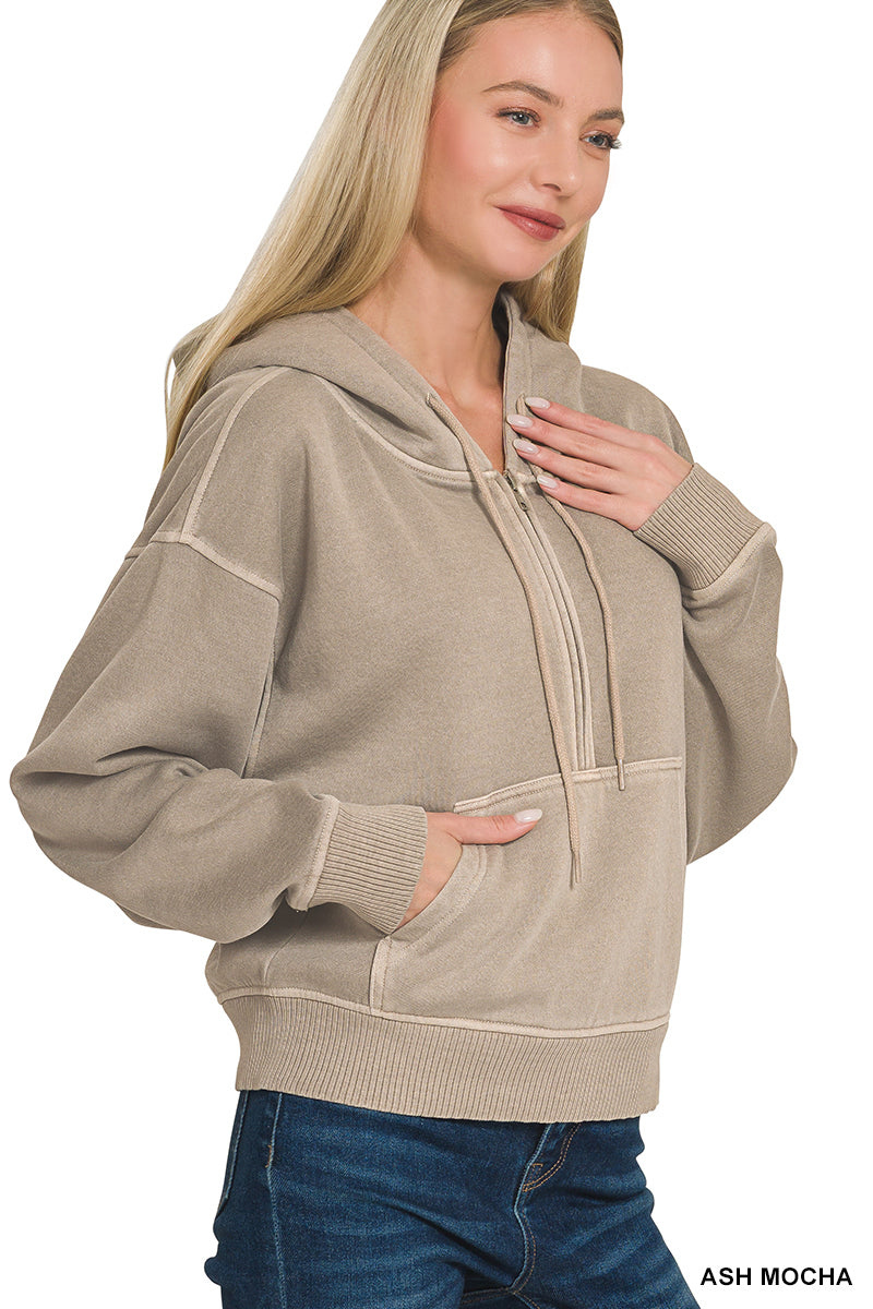 FLEECE PIGMENT DYE HALF ZIP KANGAROO POCKET HOODIE