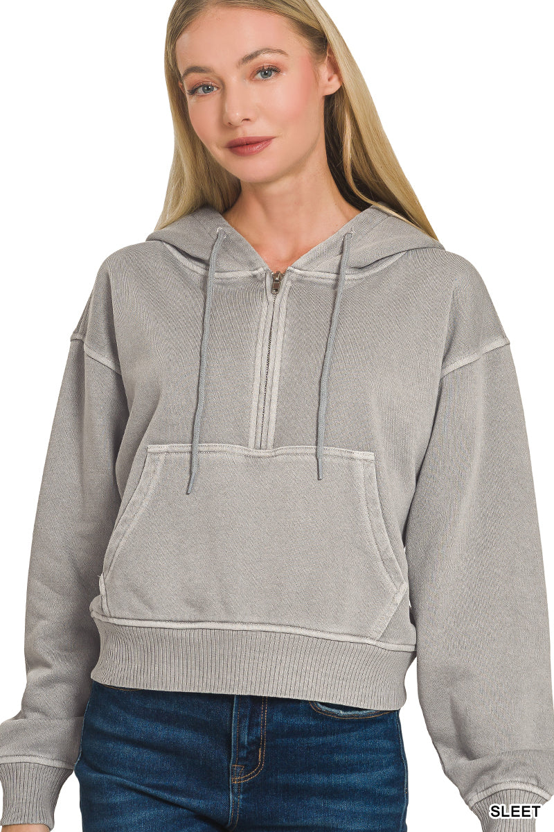 FLEECE PIGMENT DYE HALF ZIP KANGAROO POCKET HOODIE