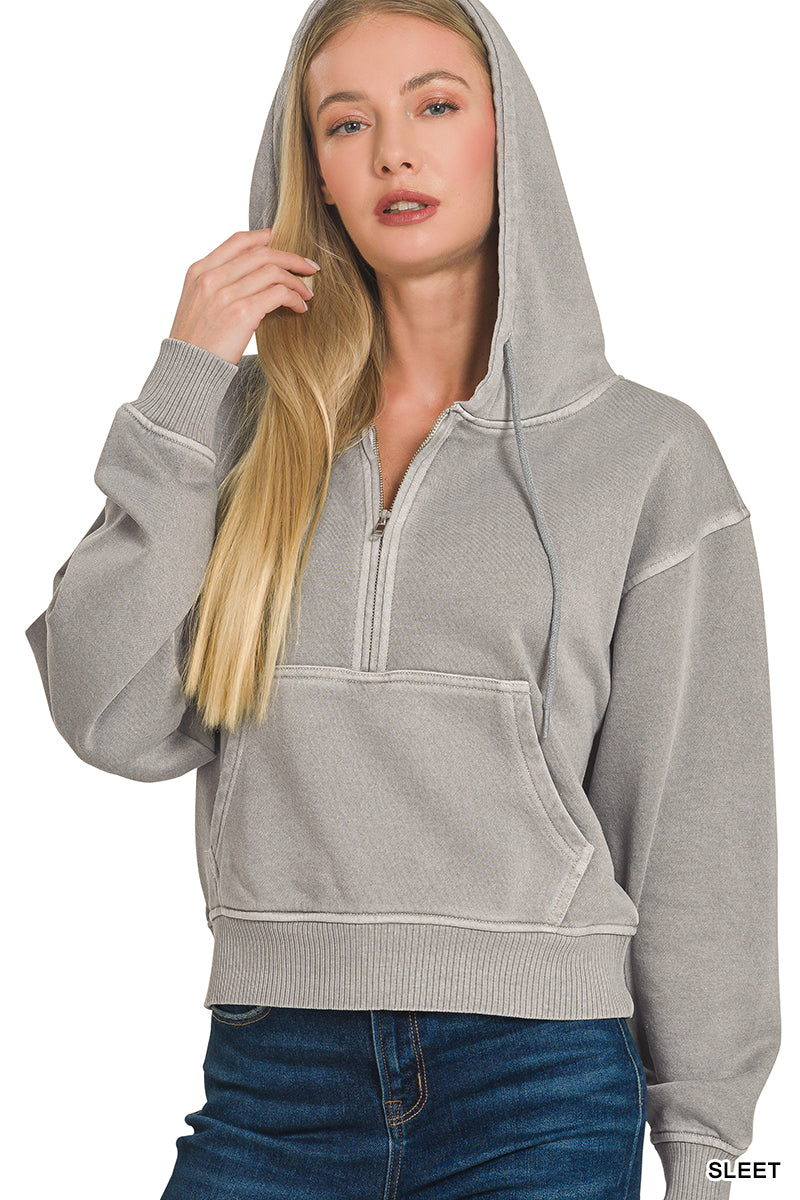 FLEECE PIGMENT DYE HALF ZIP KANGAROO POCKET HOODIE