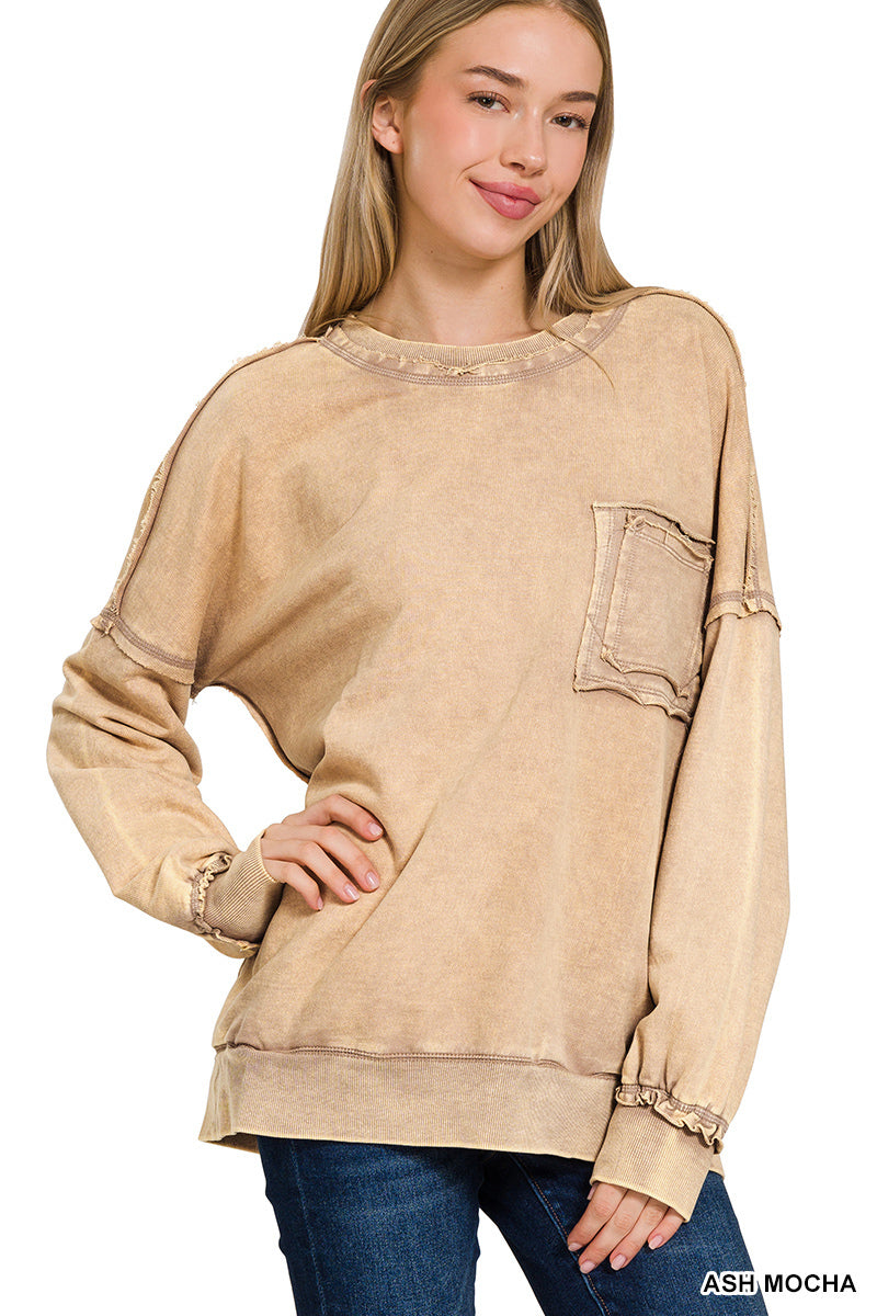 French terry acid wash raw edge front pocket pullover