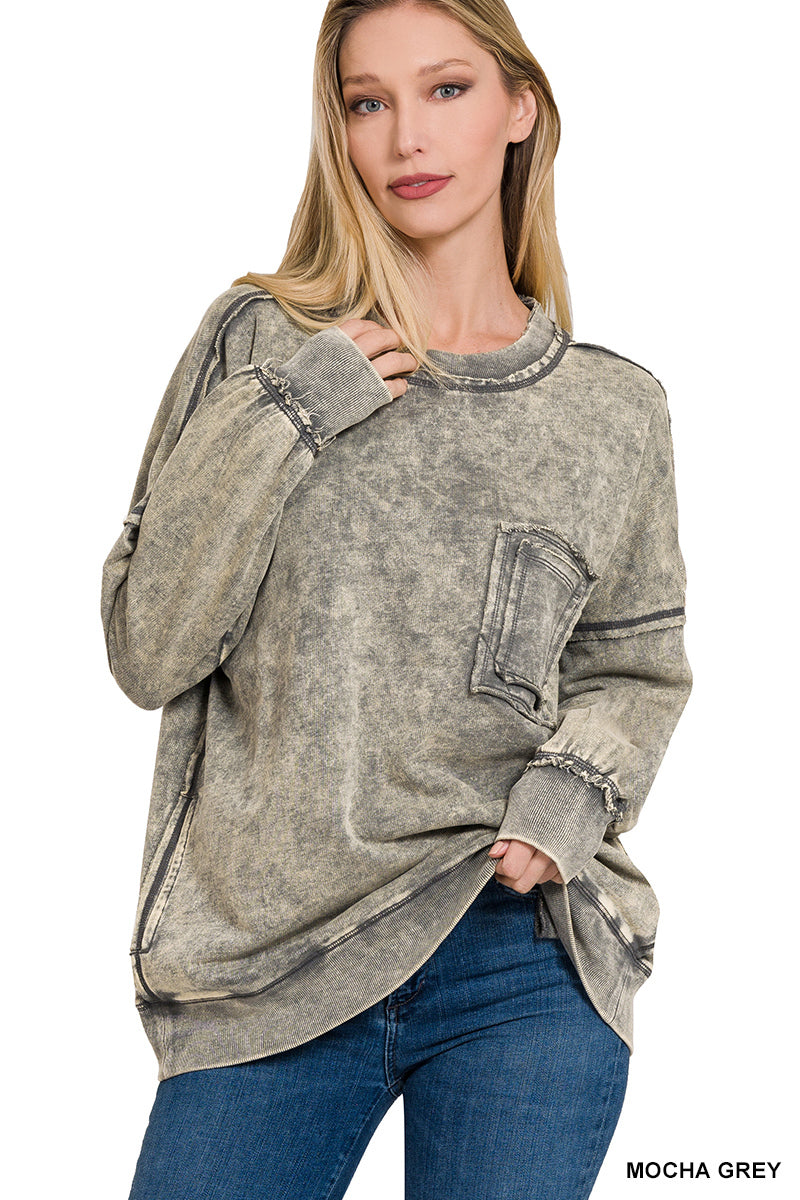 French terry acid wash raw edge front pocket pullover
