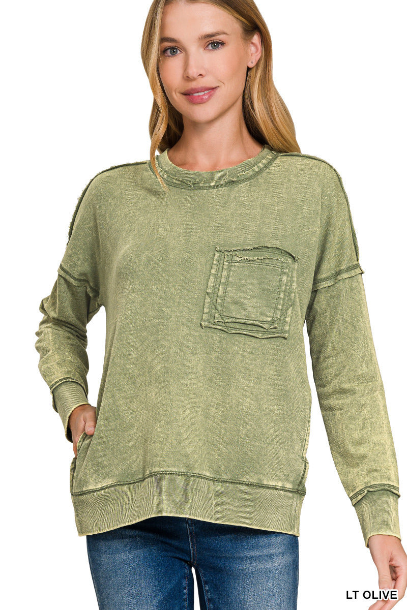 French terry acid wash raw edge front pocket pullover