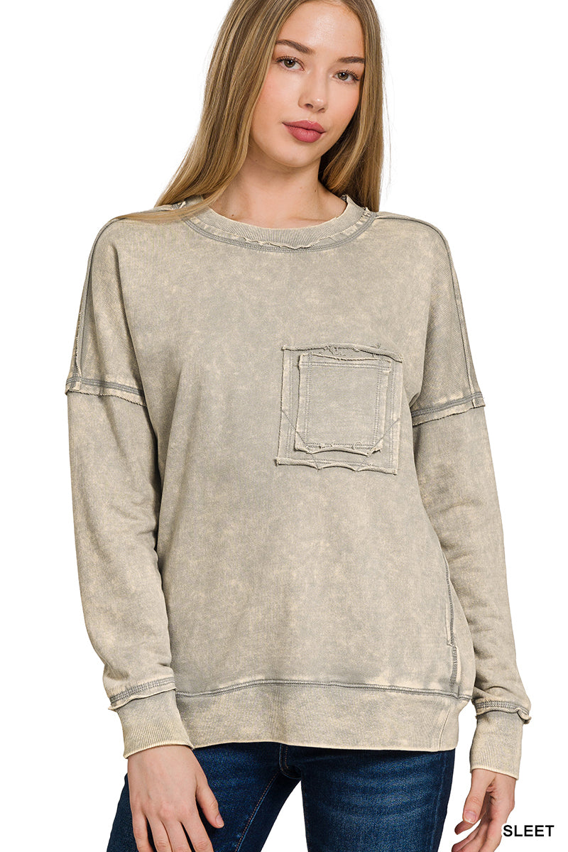 French terry acid wash raw edge front pocket pullover