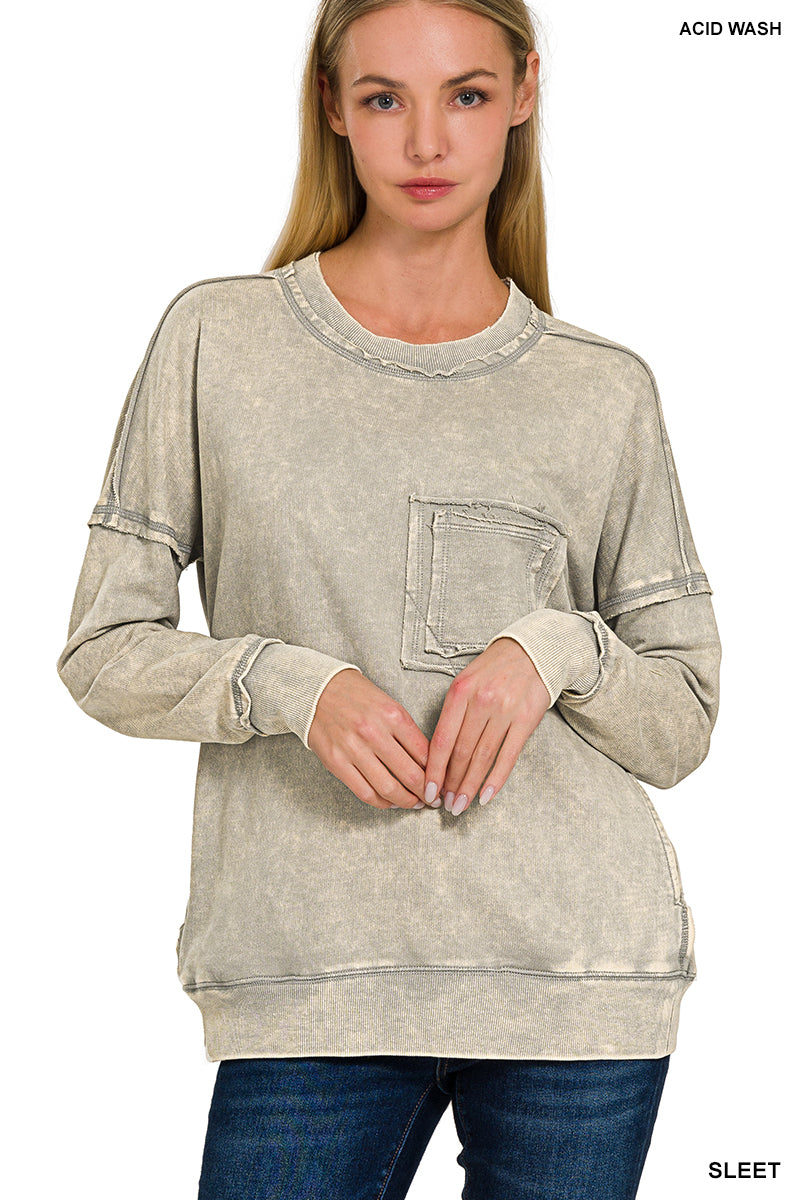 French terry acid wash raw edge front pocket pullover