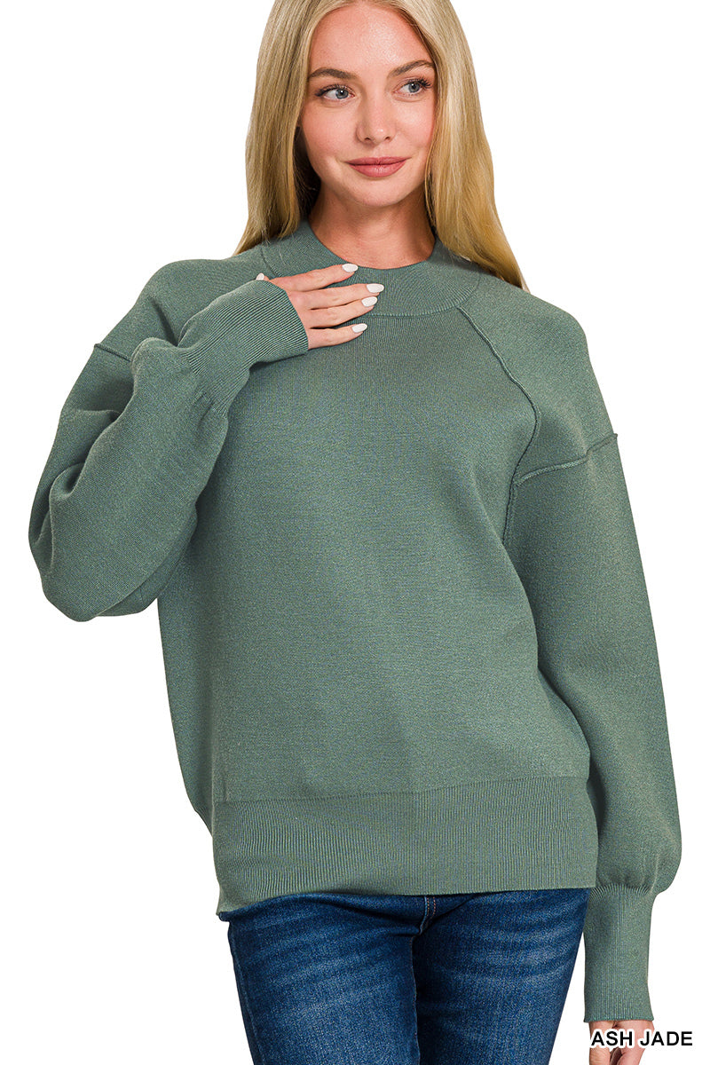 VISCOSE MOCK NECK EXPOSED SEAM SWEATER