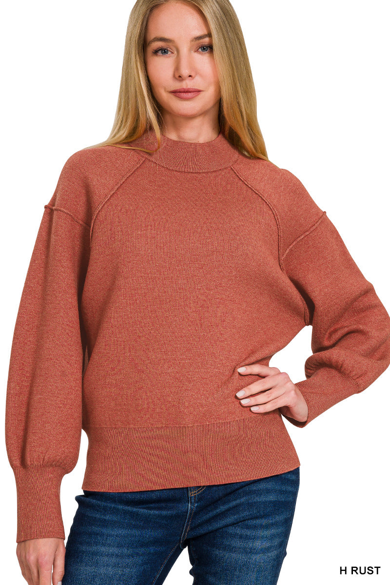 VISCOSE MOCK NECK EXPOSED SEAM SWEATER
