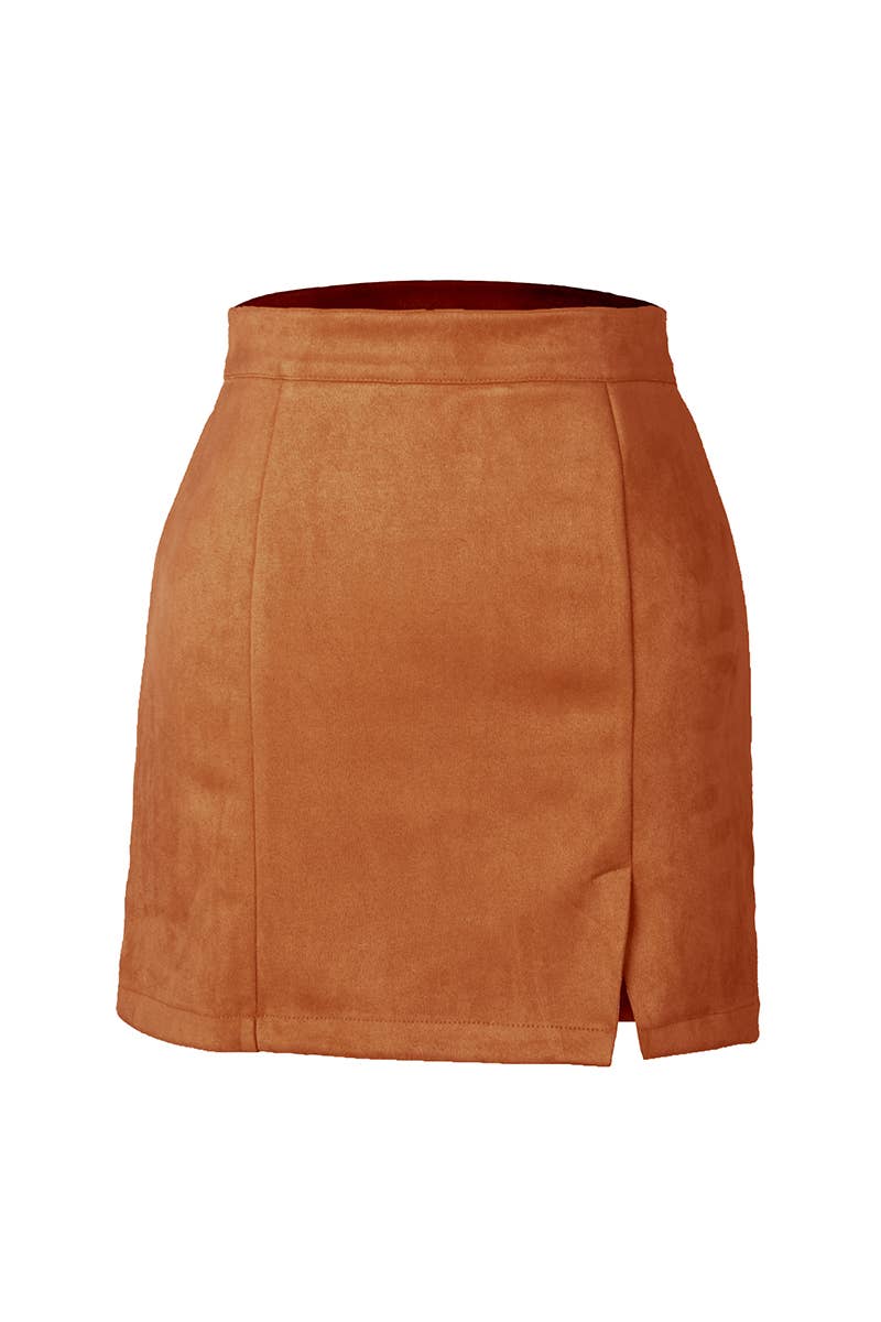 Suede wrap hip high waist zipper A-line solid color skirt