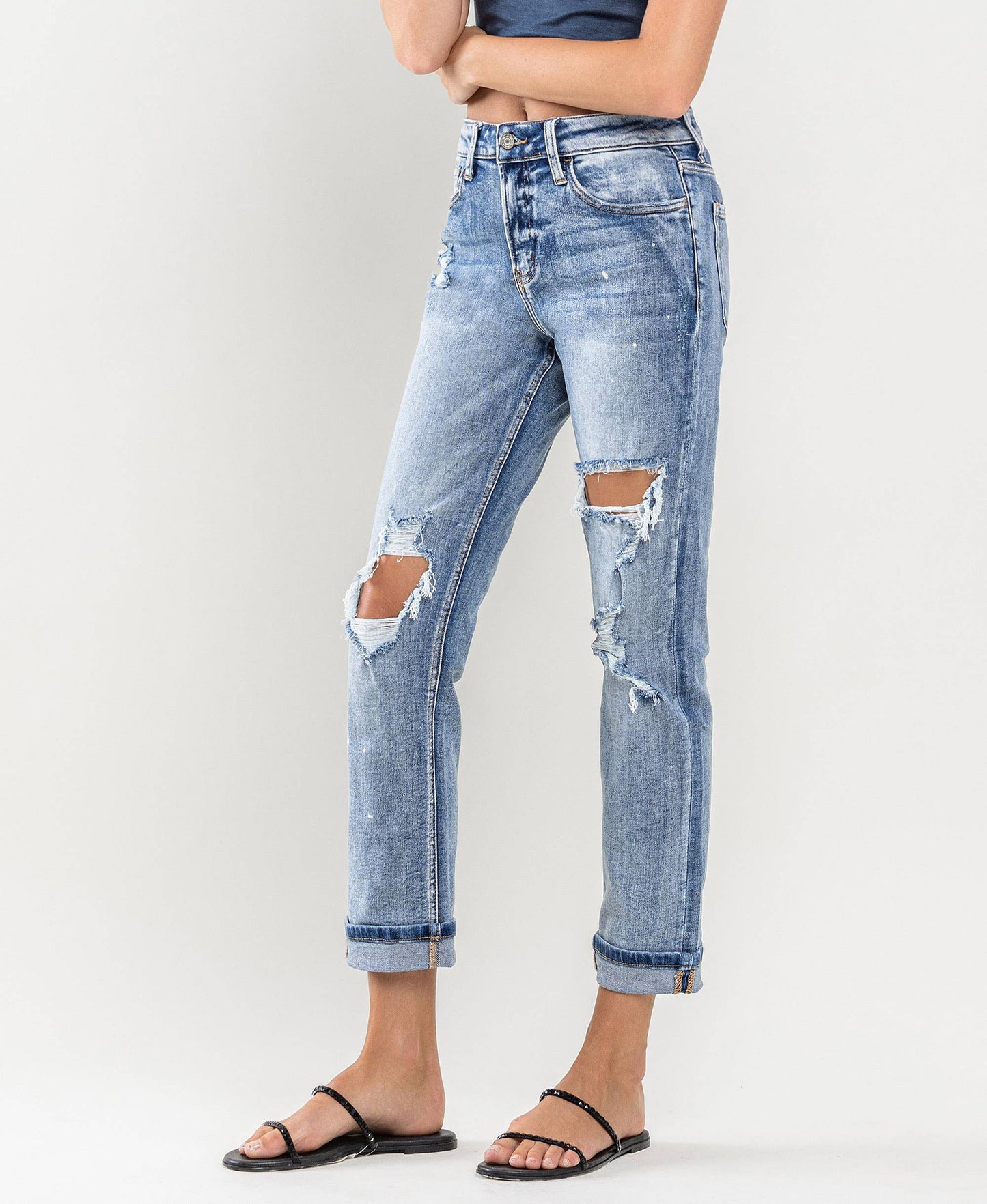 HIGH RISE PAINT SPLATTER CUFFED BOYFRIEND JEANS