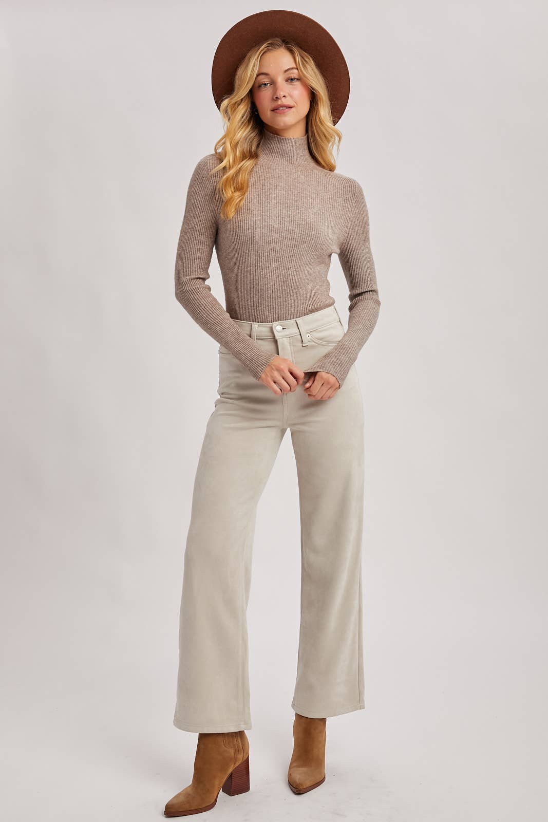 WHOLEGARMENT MOCK NECK RIBBED KNIT TOP