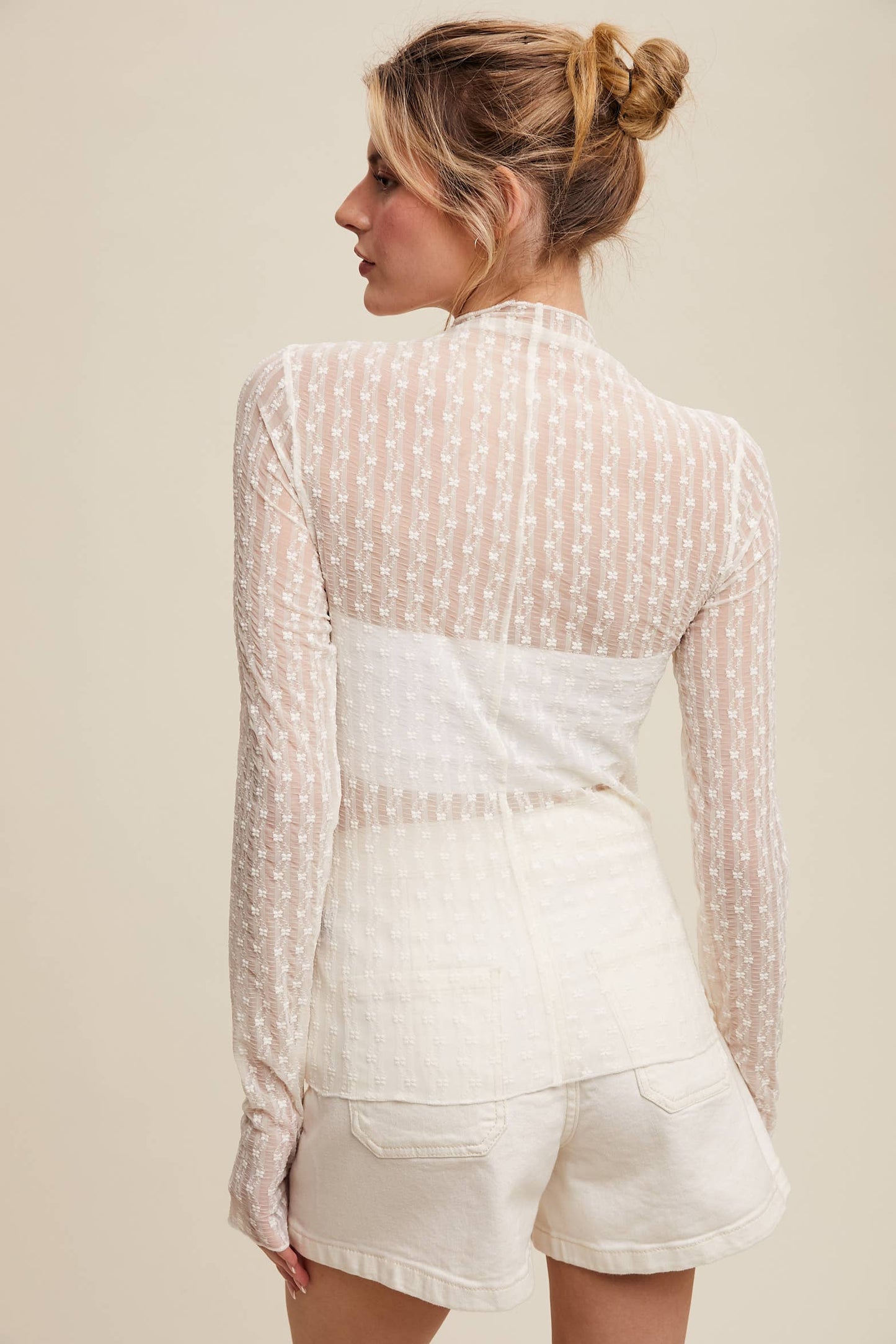Semi Sheer Textured Lace Long-Sleeve Layering Top