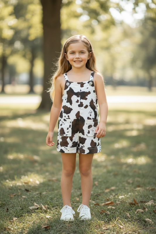 Cow printed denim overalls with front and back pockets