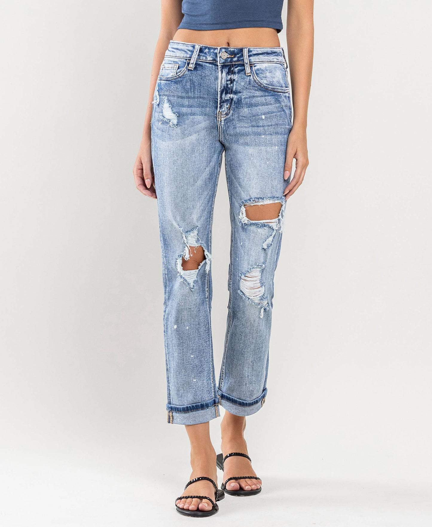 HIGH RISE PAINT SPLATTER CUFFED BOYFRIEND JEANS