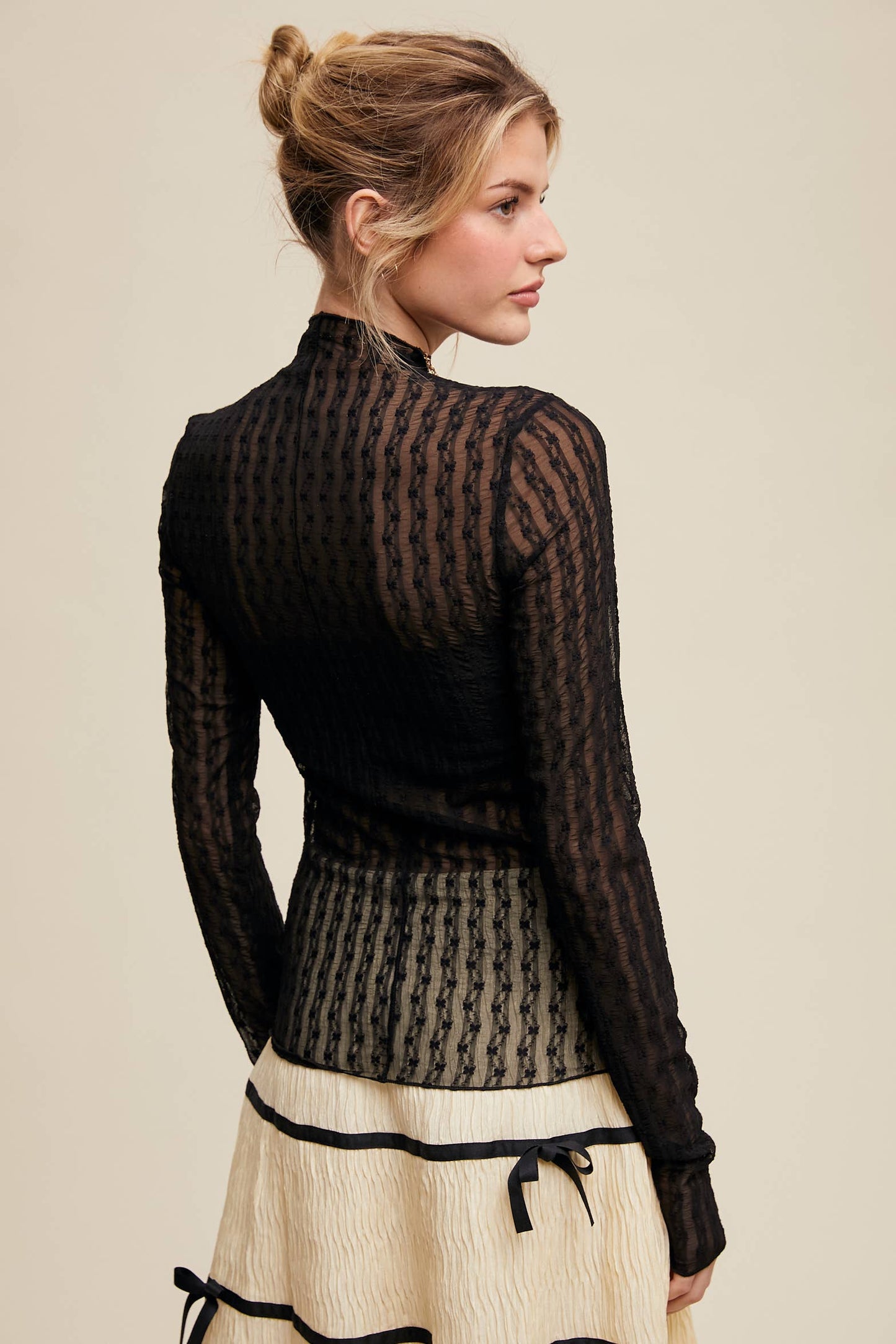 Semi Sheer Textured Lace Long-Sleeve Layering Top