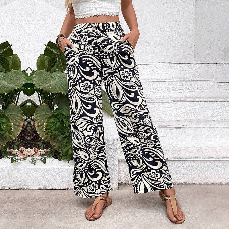 High Waist Boho Printed Wide Leg Casual Pants
