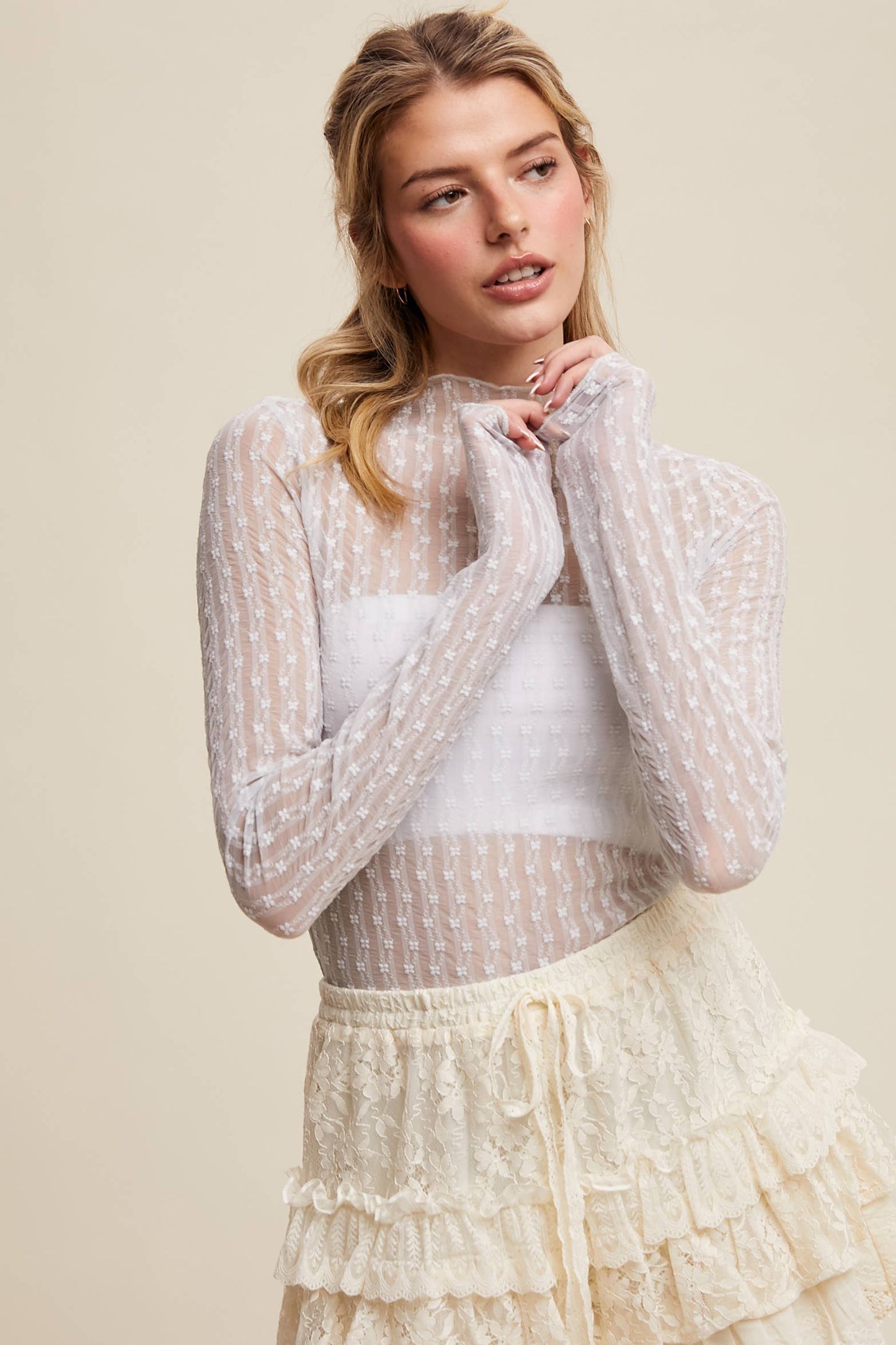 Semi Sheer Textured Lace Long-Sleeve Layering Top