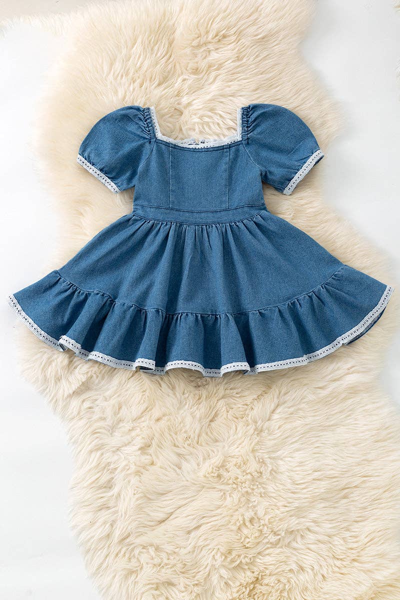 Denim blue Wide flare denim dress with white lace hem.