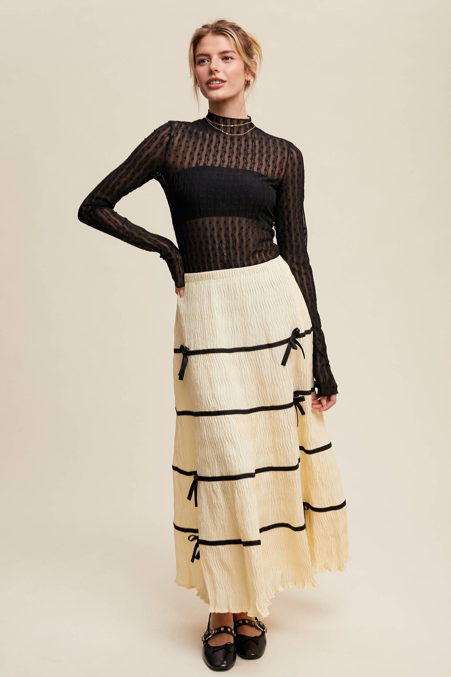 Semi Sheer Textured Lace Long-Sleeve Layering Top
