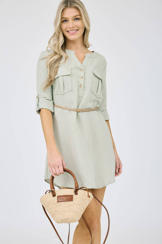 3/4 SLEEVE BELTED MINI DRESS