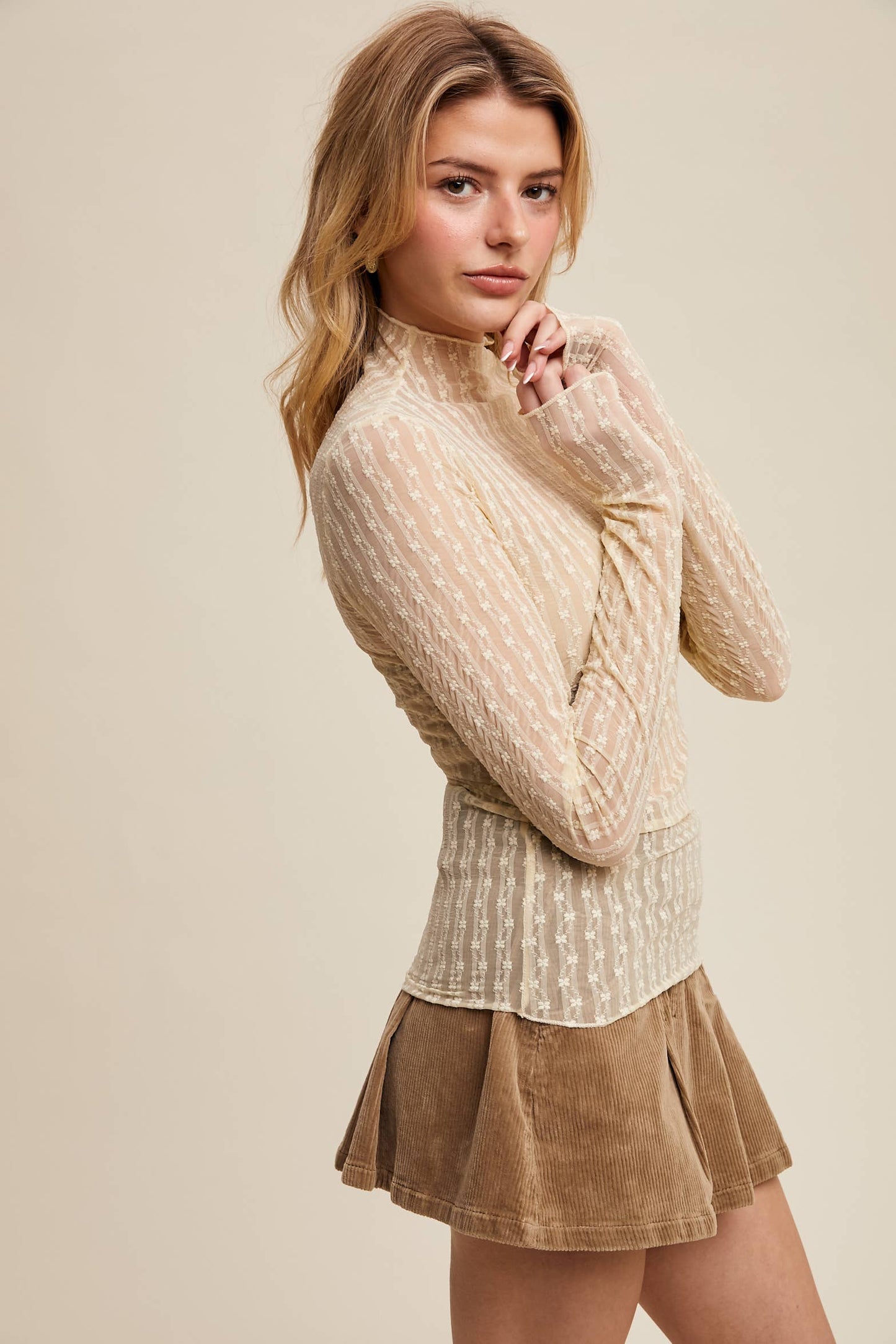 Semi Sheer Textured Lace Long-Sleeve Layering Top