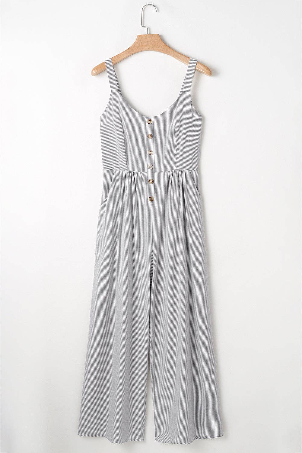 Black Stripe Half Buttoned Sleeveless Wide Leg Jumpsuit