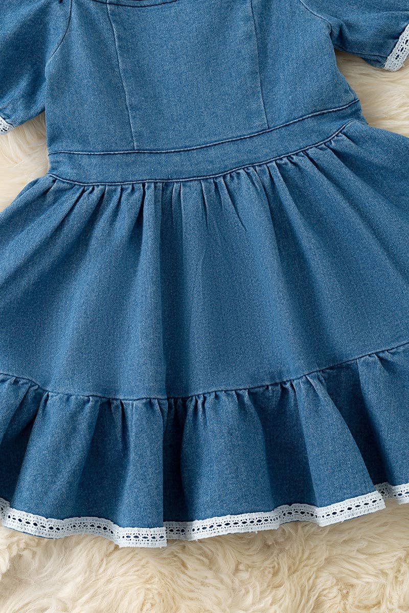 Denim blue Wide flare denim dress with white lace hem.