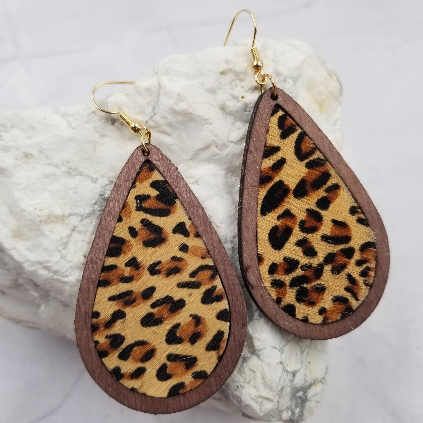 Cow Hair On Leather Wooden Earrings