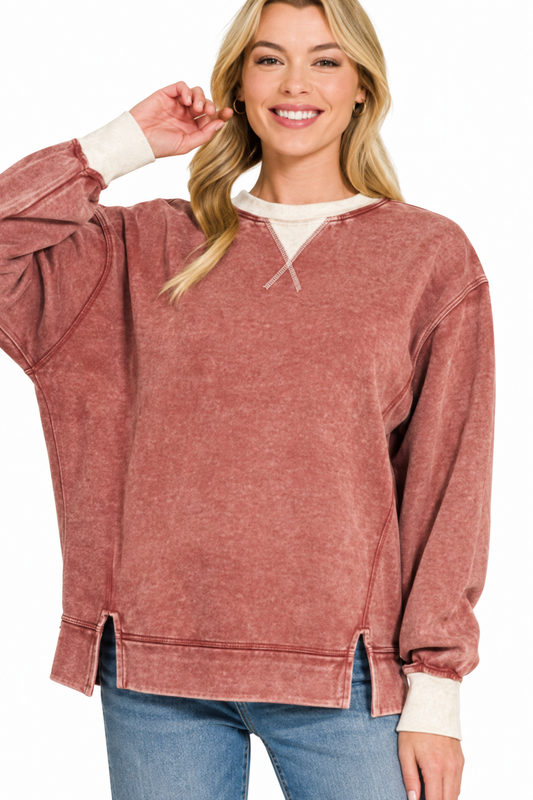 Dark rust acid-wash sweatshirt with contrast trim