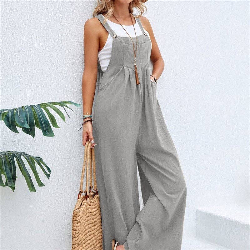 Solid Color Casual Suspender Trousers