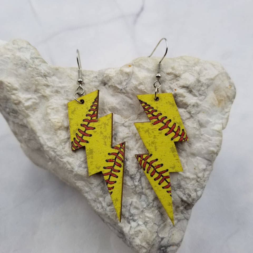 Wooden Lightning Bolt Baseball Earrings