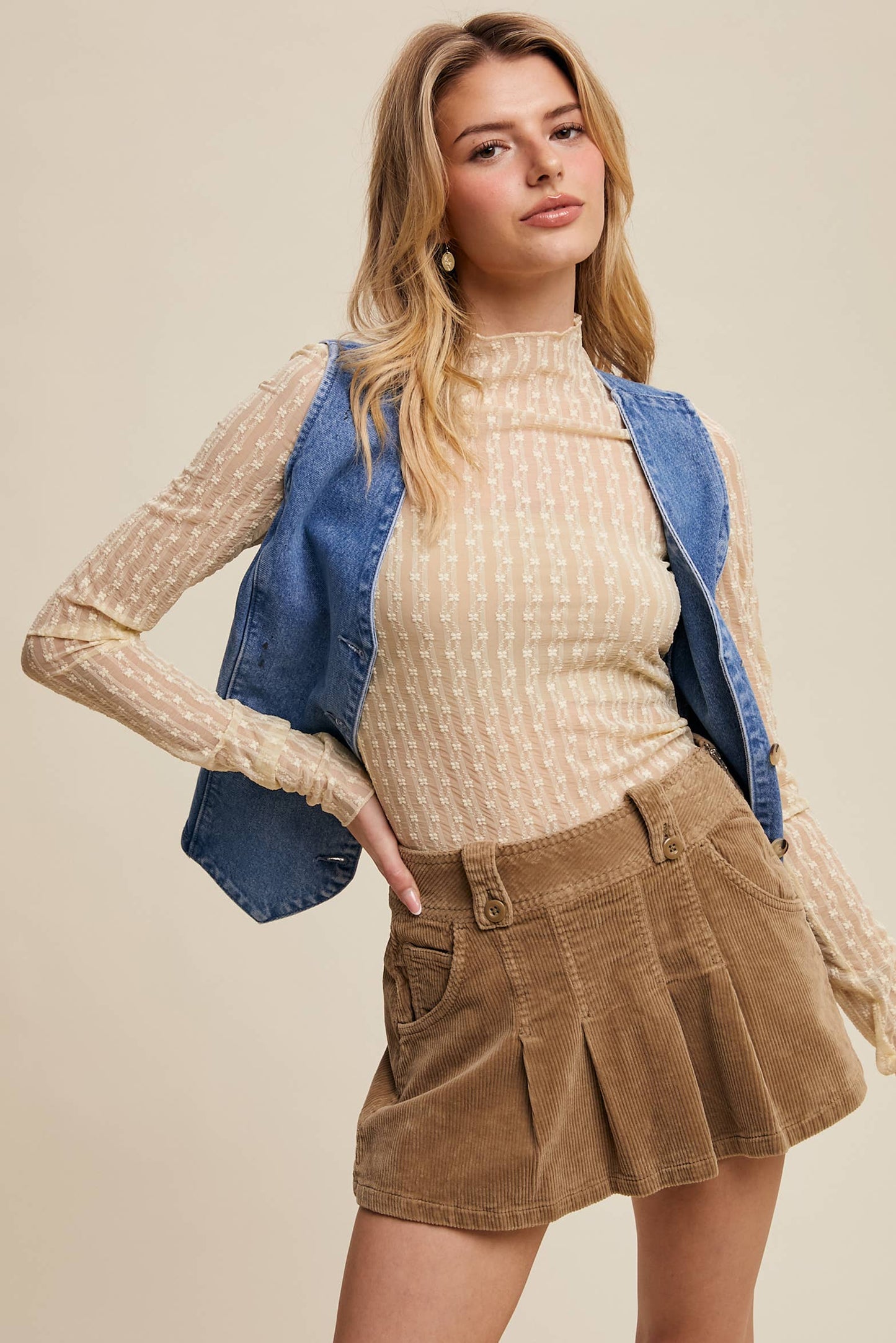 Semi Sheer Textured Lace Long-Sleeve Layering Top