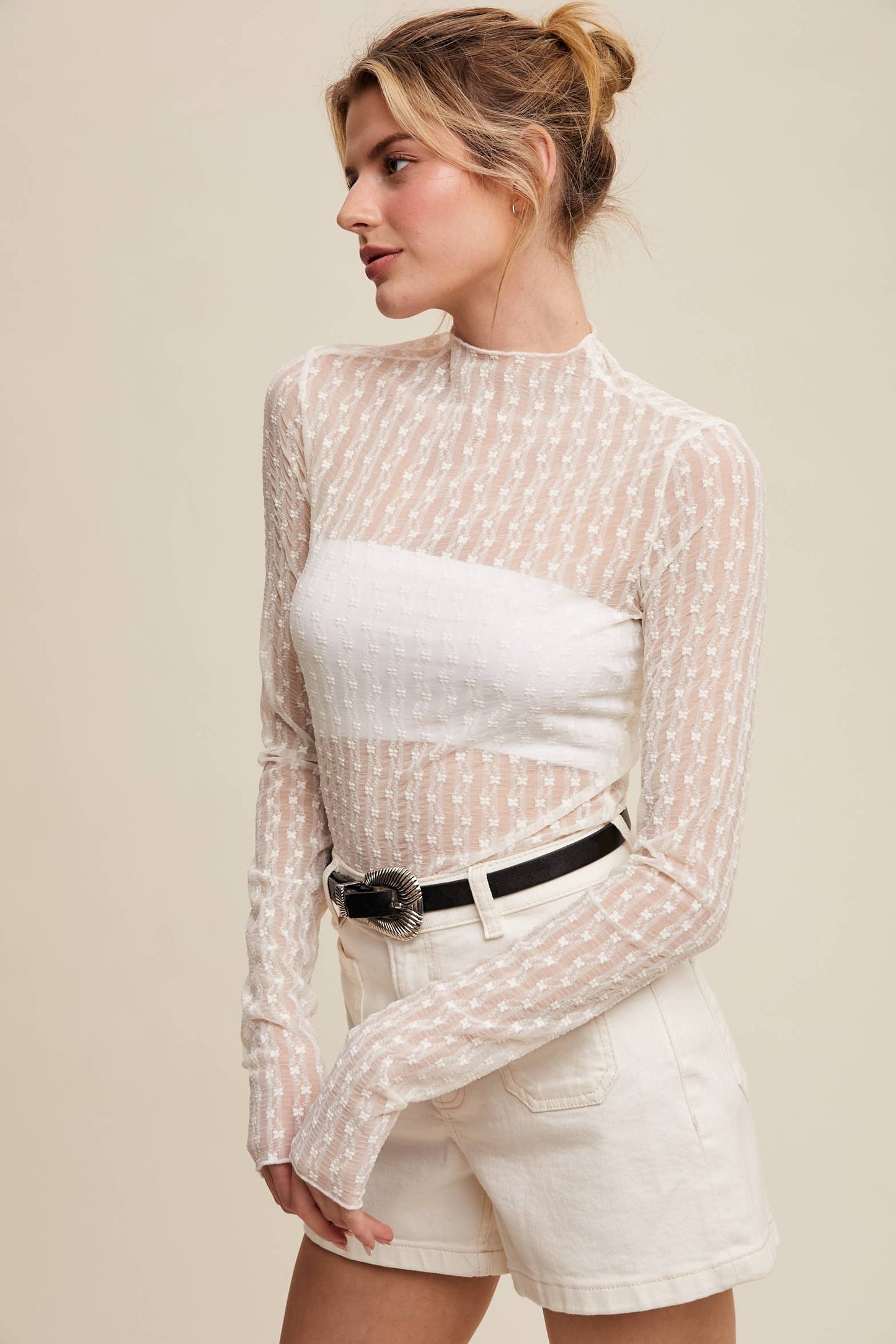Semi Sheer Textured Lace Long-Sleeve Layering Top