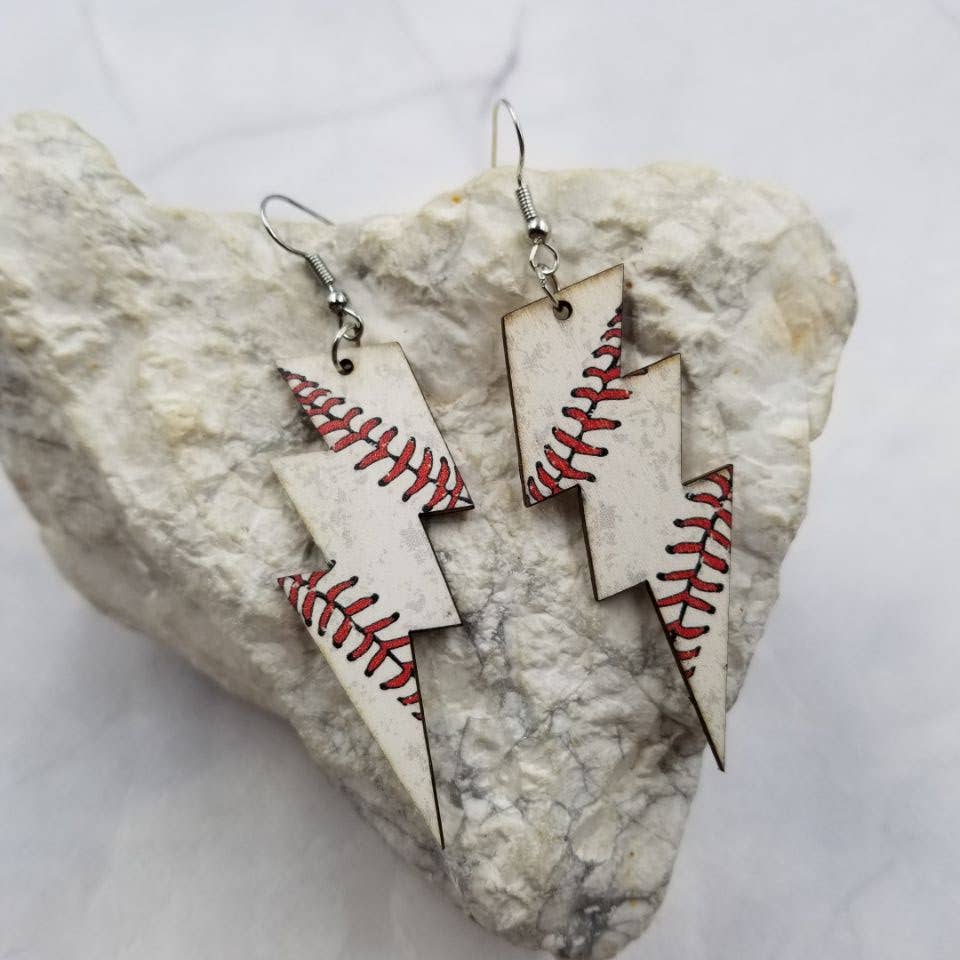 Wooden Lightning Bolt Baseball Earrings