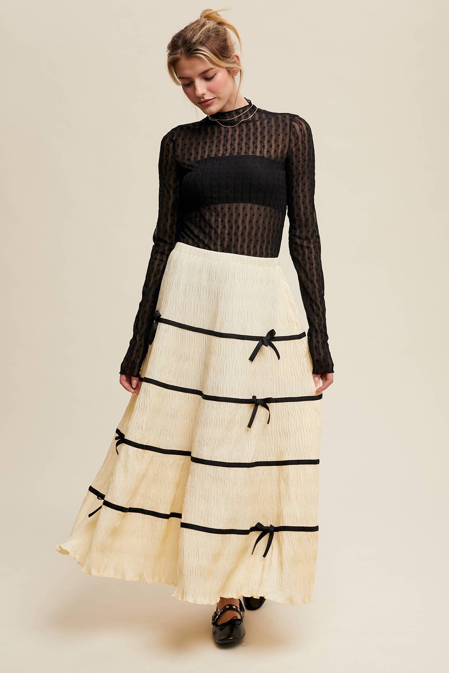 Semi Sheer Textured Lace Long-Sleeve Layering Top