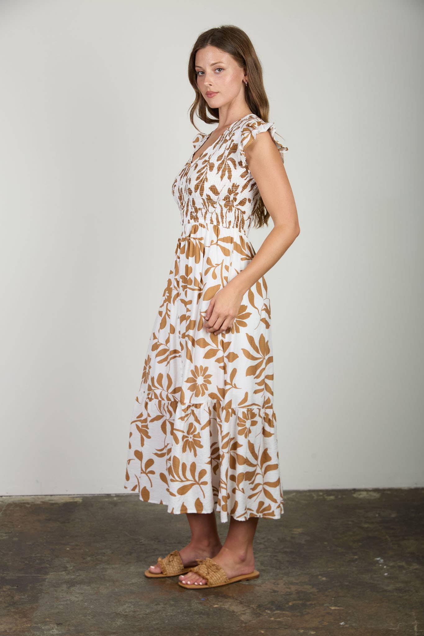 FLORAL LEAF PRINT SMOCKED MOCK BUTTON MIDI DRESS