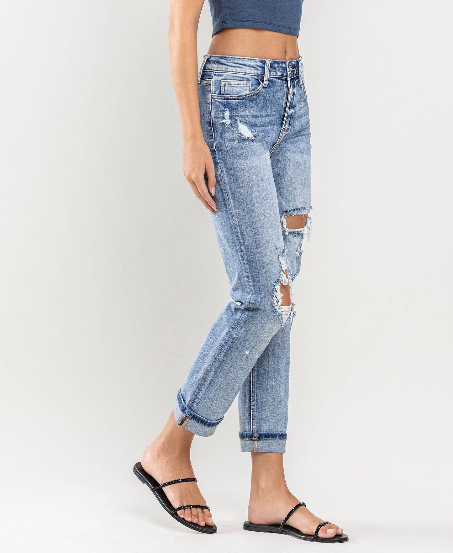 HIGH RISE PAINT SPLATTER CUFFED BOYFRIEND JEANS